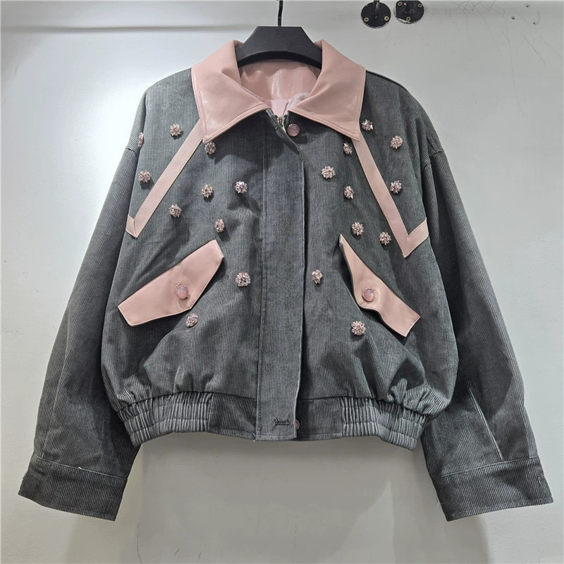 Leather Work Jacket Women'S - 헤비 워크 비즈 꽃 장식 코듀로이