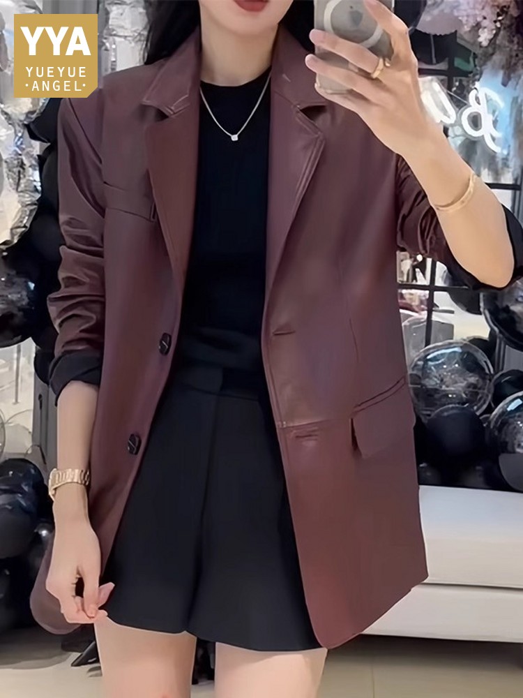 Leather Work Jacket Women'S - 가을 오피스 레이디스 워크 미드 롱