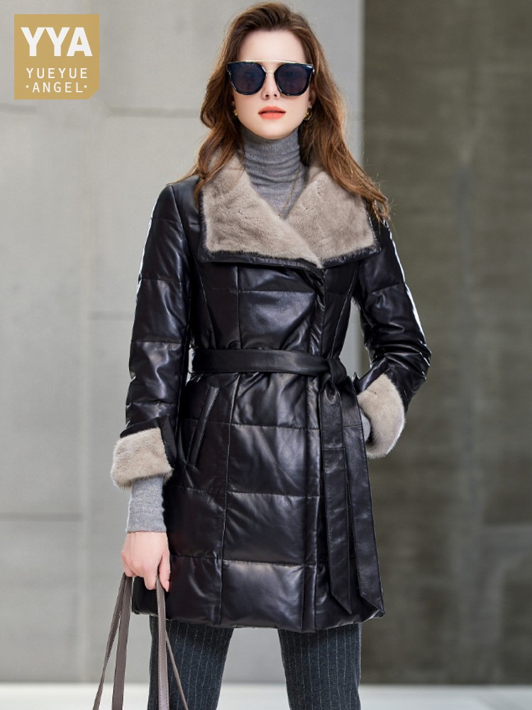 Leather Work Jacket Women'S - 우아한 여성용 밍크 퍼 칼라 중간