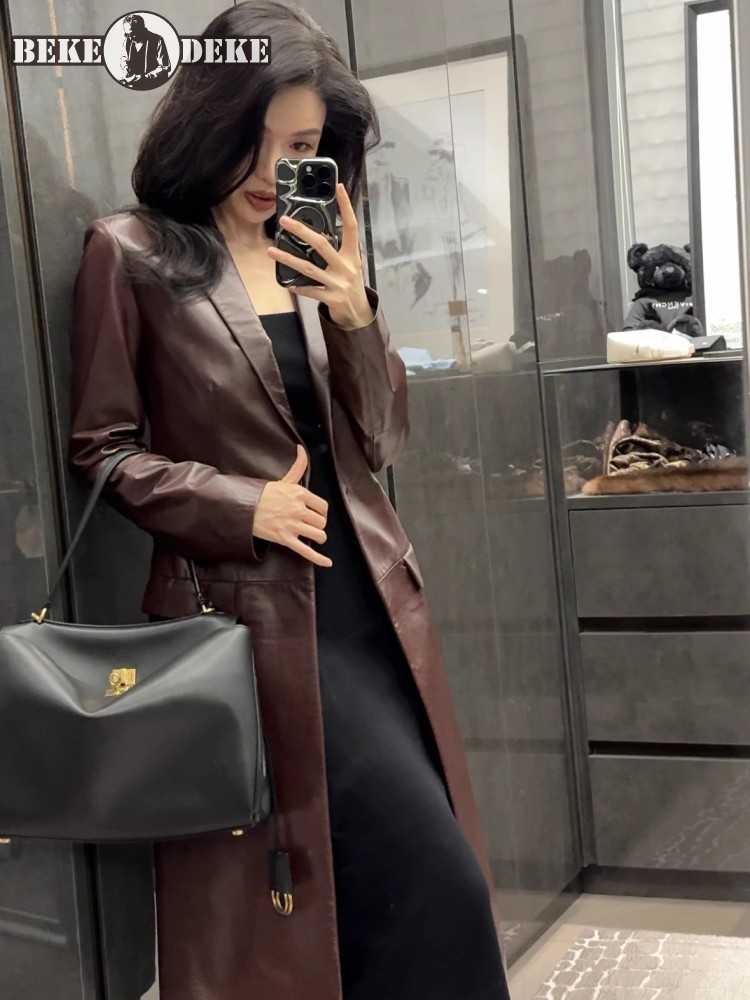 Leather Work Jacket Women'S - 이탈리아 디자이너 여성용 긴 양가죽 정품