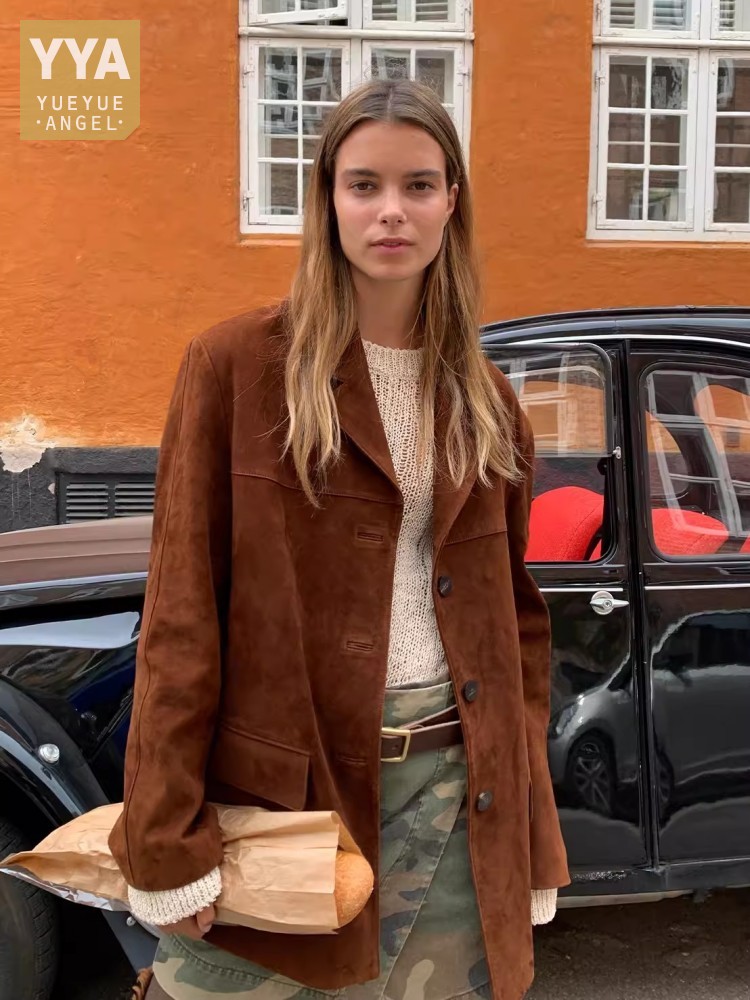 Leather Work Jacket Women'S - 빈티지 가을 여성용 진짜 양 스웨이드