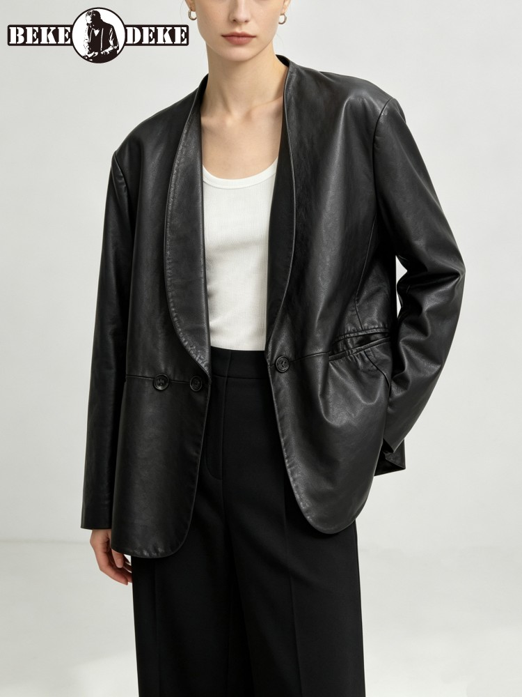 패션 여성 루즈핏 부드러운 천연 양가죽 블레이저 수트  - Leather Work Jacket Women'S 리뷰 및 가격