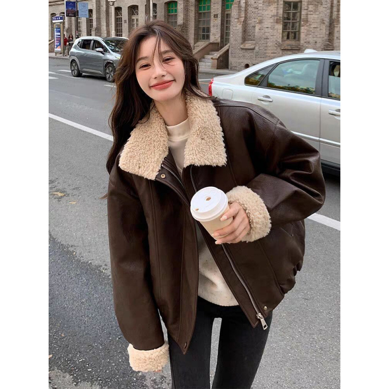 여성 코트 인조 가죽 재킷 턴다운 칼라 양털 코트 작업 - Leather Work Jacket Women'S 리뷰 및 가격
