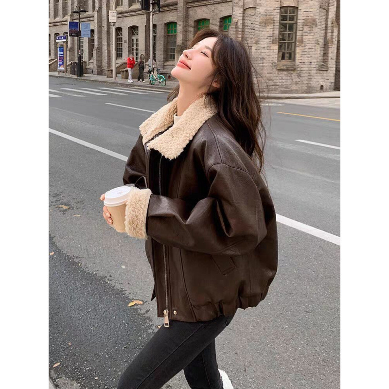 여성 코트 인조 가죽 재킷 턴다운 칼라 양털 코트 작업 - Leather Work Jacket Women'S 리뷰 및 가격