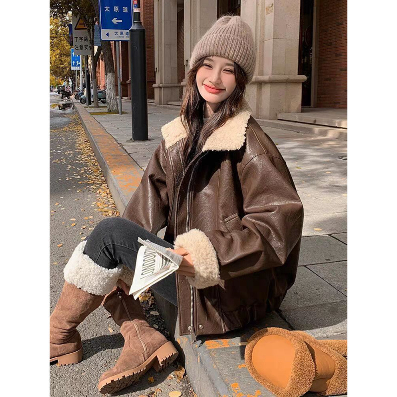 여성 코트 인조 가죽 재킷 턴다운 칼라 양털 코트 작업 - Leather Work Jacket Women'S 리뷰 및 가격