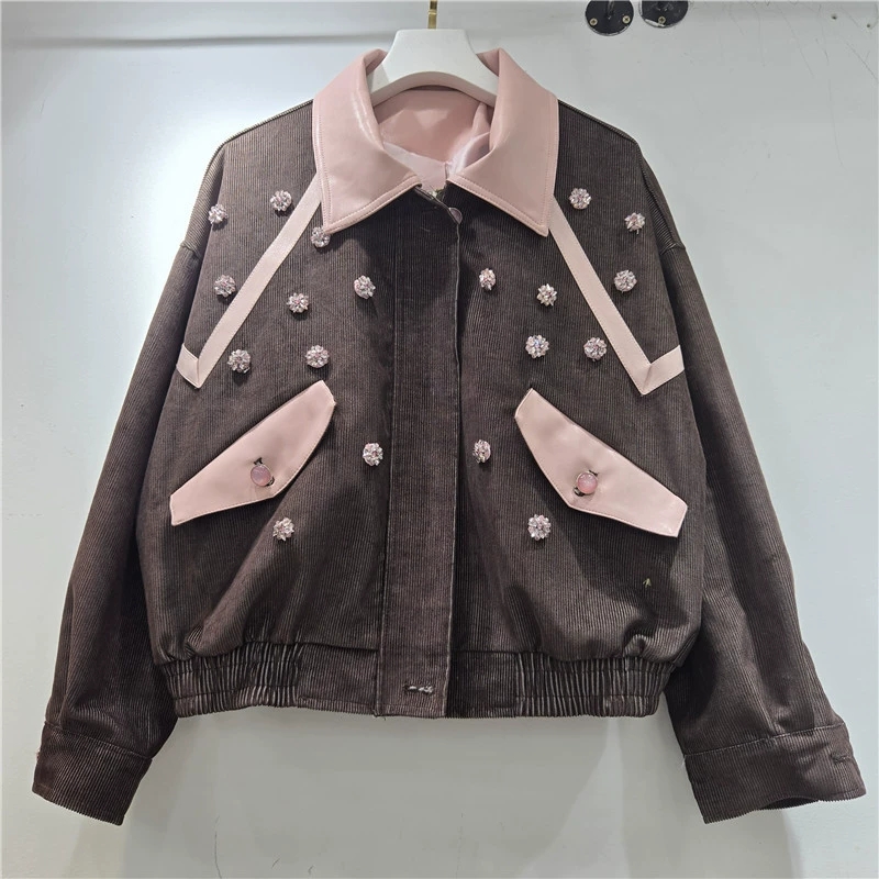 헤비 워크 비즈 꽃 장식 코듀로이 재킷 그레이 그린 커 - Leather Work Jacket Women'S 리뷰 및 가격