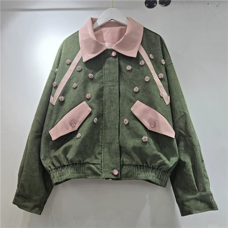헤비 워크 비즈 꽃 장식 코듀로이 재킷 그레이 그린 커 - Leather Work Jacket Women'S 리뷰 및 가격