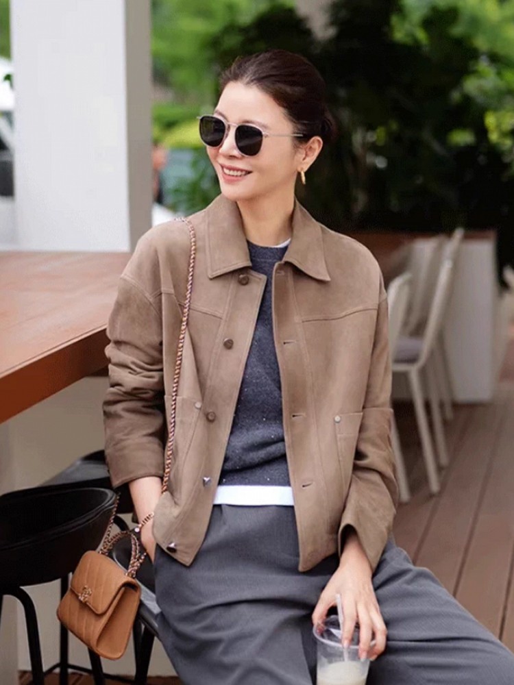 고품질 여성 슬림핏 싱글 브레스티드 리얼 스웨이드 가죽 - Leather Work Jacket Women'S 리뷰 및 가격