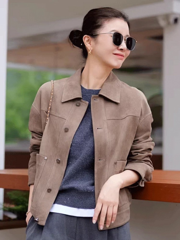 고품질 여성 슬림핏 싱글 브레스티드 리얼 스웨이드 가죽 - Leather Work Jacket Women'S 리뷰 및 가격