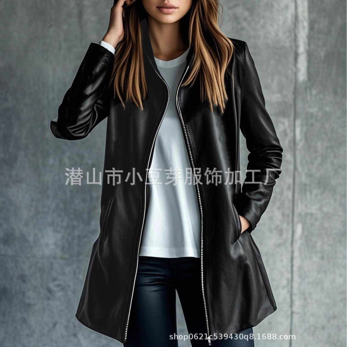 여성 중간 길이 코트 지퍼 재킷 스탠드 칼라 PU 코트 - Leather Work Jacket Women'S 리뷰 및 가격