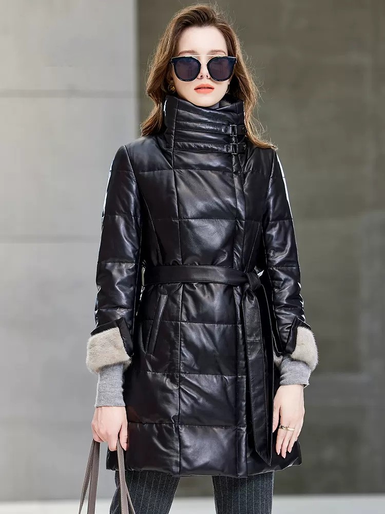 우아한 여성용 밍크 퍼 칼라 중간 길이 두꺼운 따뜻한  - Leather Work Jacket Women'S 리뷰 및 가격
