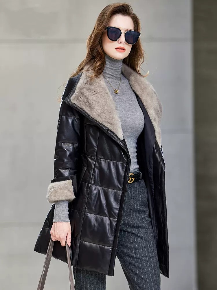 우아한 여성용 밍크 퍼 칼라 중간 길이 두꺼운 따뜻한  - Leather Work Jacket Women'S 리뷰 및 가격