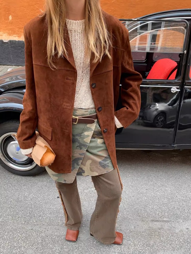 빈티지 가을 여성용 진짜 양 스웨이드 블레이저, 싱글  - Leather Work Jacket Women'S 리뷰 및 가격