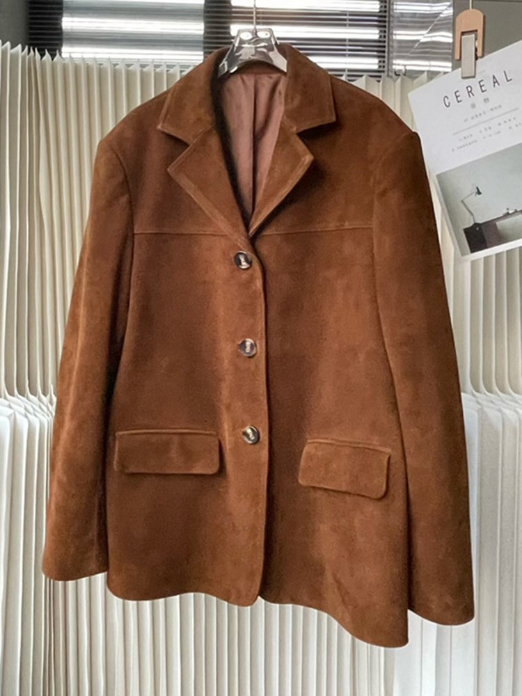 빈티지 가을 여성용 진짜 양 스웨이드 블레이저, 싱글  - Leather Work Jacket Women'S 리뷰 및 가격