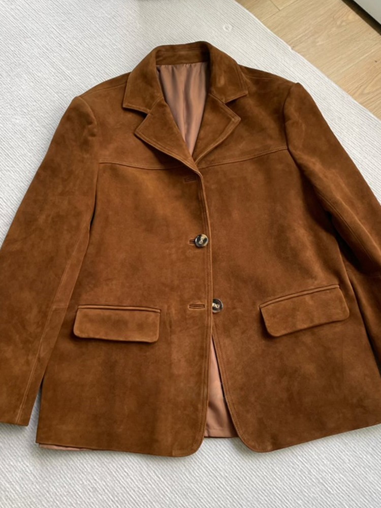 빈티지 가을 여성용 진짜 양 스웨이드 블레이저, 싱글  - Leather Work Jacket Women'S 리뷰 및 가격